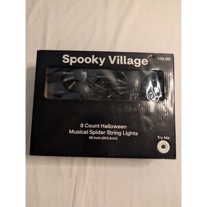 NIB Spooky Village Halloween Musical Spider String Lights 8 Count Blue LED 80 In